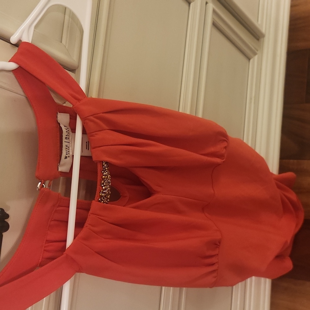 White House Black Market Coral Red Embellished Halter Tank